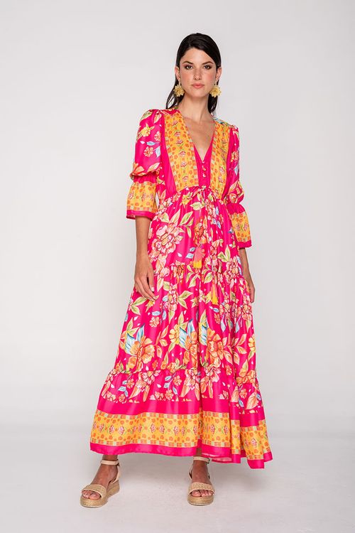 Vestido largo estampado con cenefas