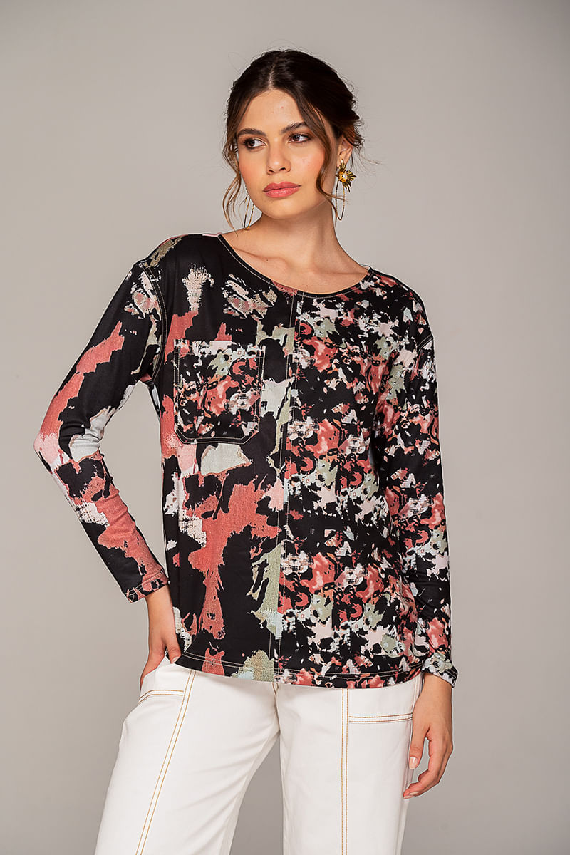 Blusa estampada en tejido de punto y plano