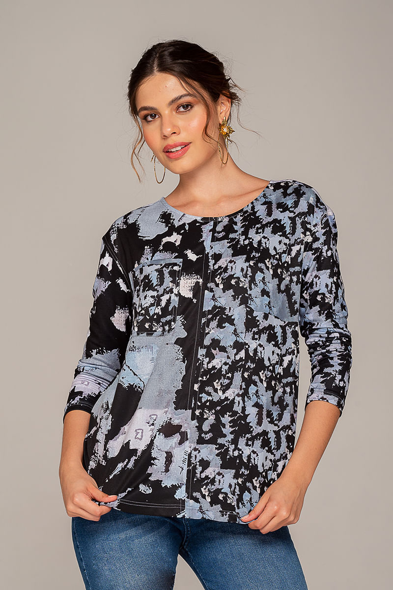 Blusa estampada en tejido de punto y plano